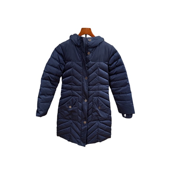Lands' End Other - Lands End Kids Navy Blue Down Puffer Parka Jacket Hooded Chevron Quilt Size L 14